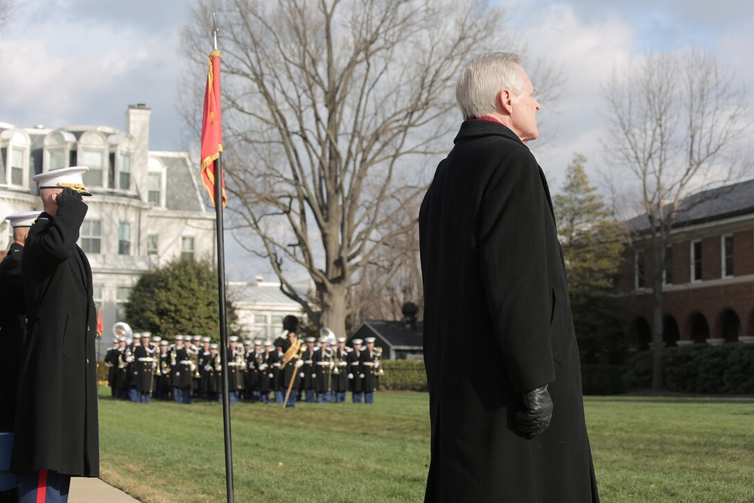 On Jan. 6, 2017 at Marine Barracks Washington, DC, the Marine Band performed for a farewell ceremony in honor of Ray Mabus, the 75th United States Secretary of the Navy and the longest to serve as leader of the Navy and Marine Corps since World War I. (U.S. Marine Corps photo by Master Sgt. Kristin duBois/released)
