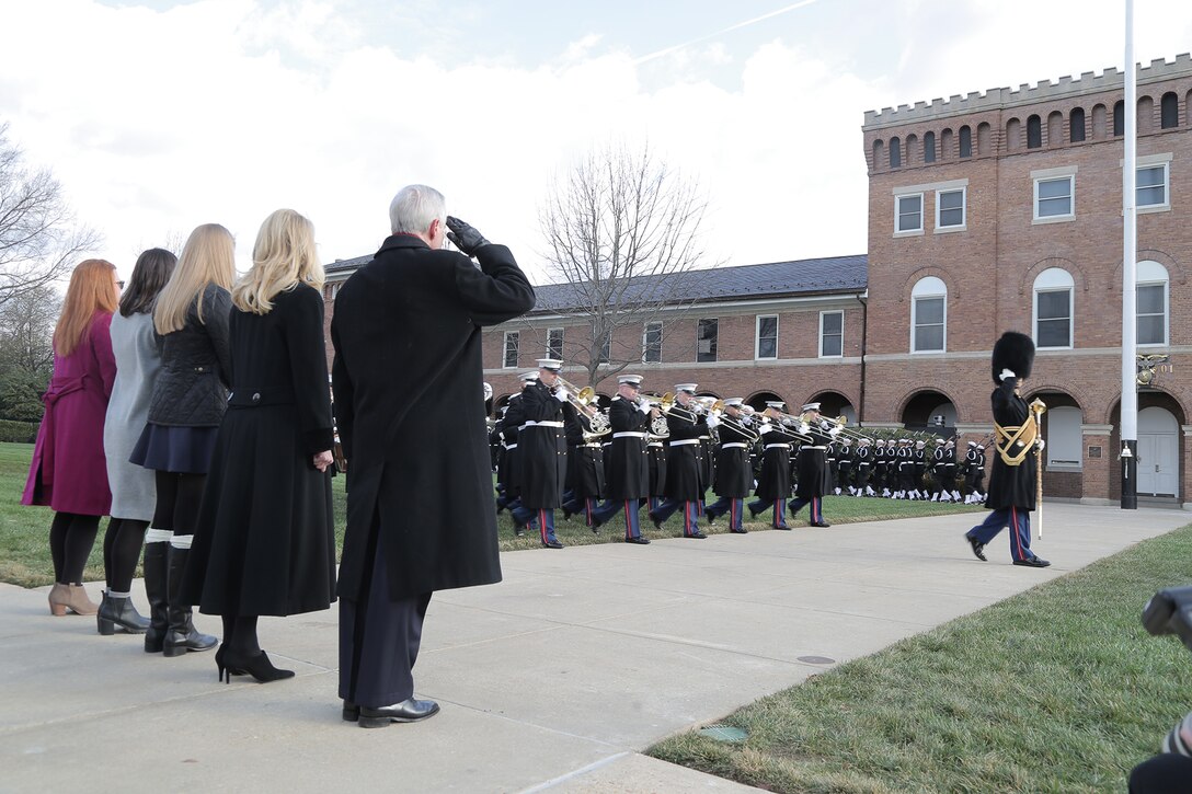 On Jan. 6, 2017 at Marine Barracks Washington, DC, the Marine Band performed for a farewell ceremony in honor of Ray Mabus, the 75th United States Secretary of the Navy and the longest to serve as leader of the Navy and Marine Corps since World War I. (U.S. Marine Corps photo by Master Sgt. Kristin duBois/released)

