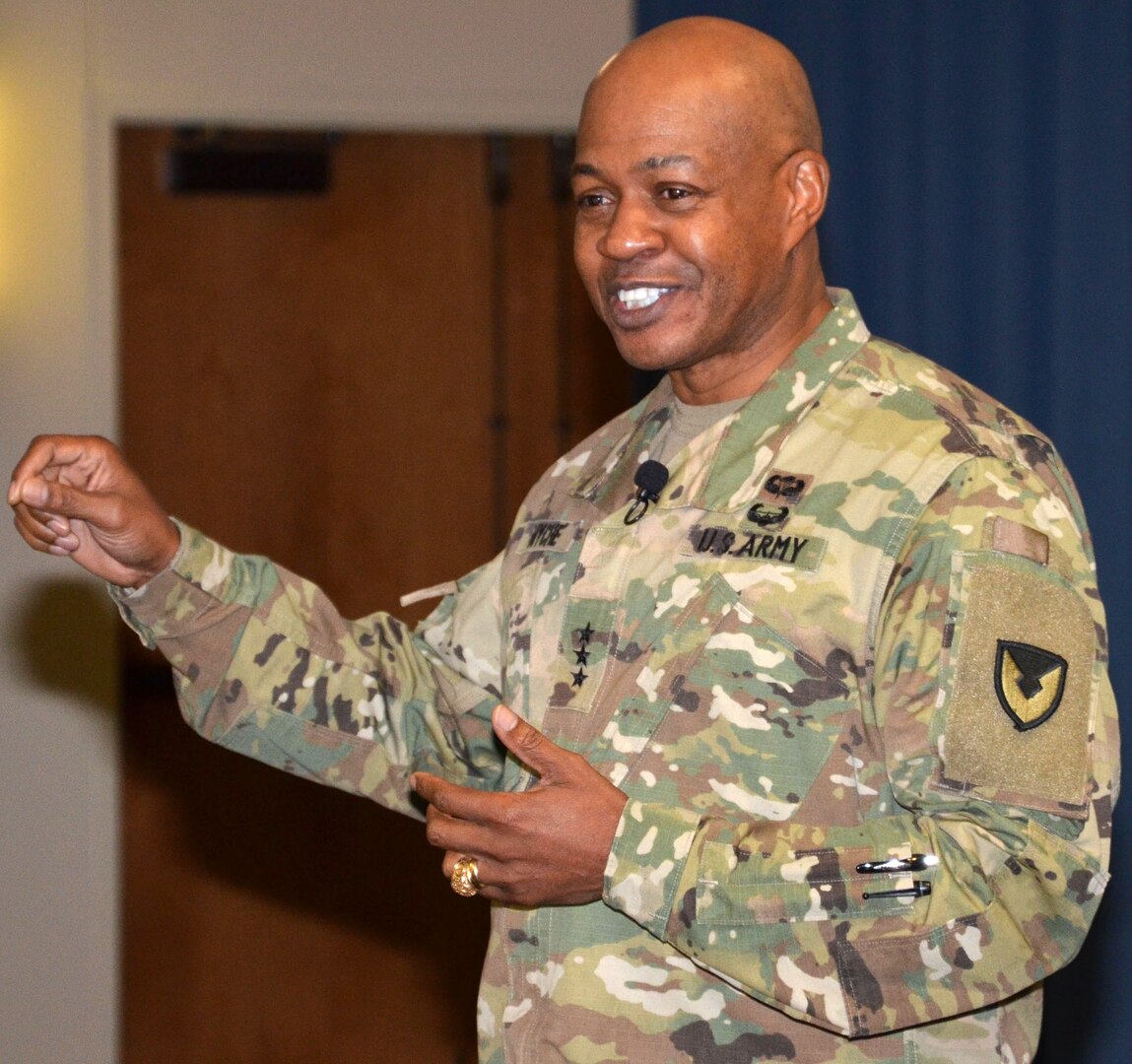 Lt. Gen. Larry Wyche speaks with leaders from throughout the Mission and Installation Contracting Command as part of an acquisition leadership training event Dec. 7, 2016, at Joint Base San Antonio-Fort Sam Houston. Wyche spent the day in San Antonio meeting with installation leaders from JBSA-Fort Sam Houston and industry partners. Wyche is the deputy commanding general for the U.S. Army Materiel Command at Redstone Arsenal, Ala.