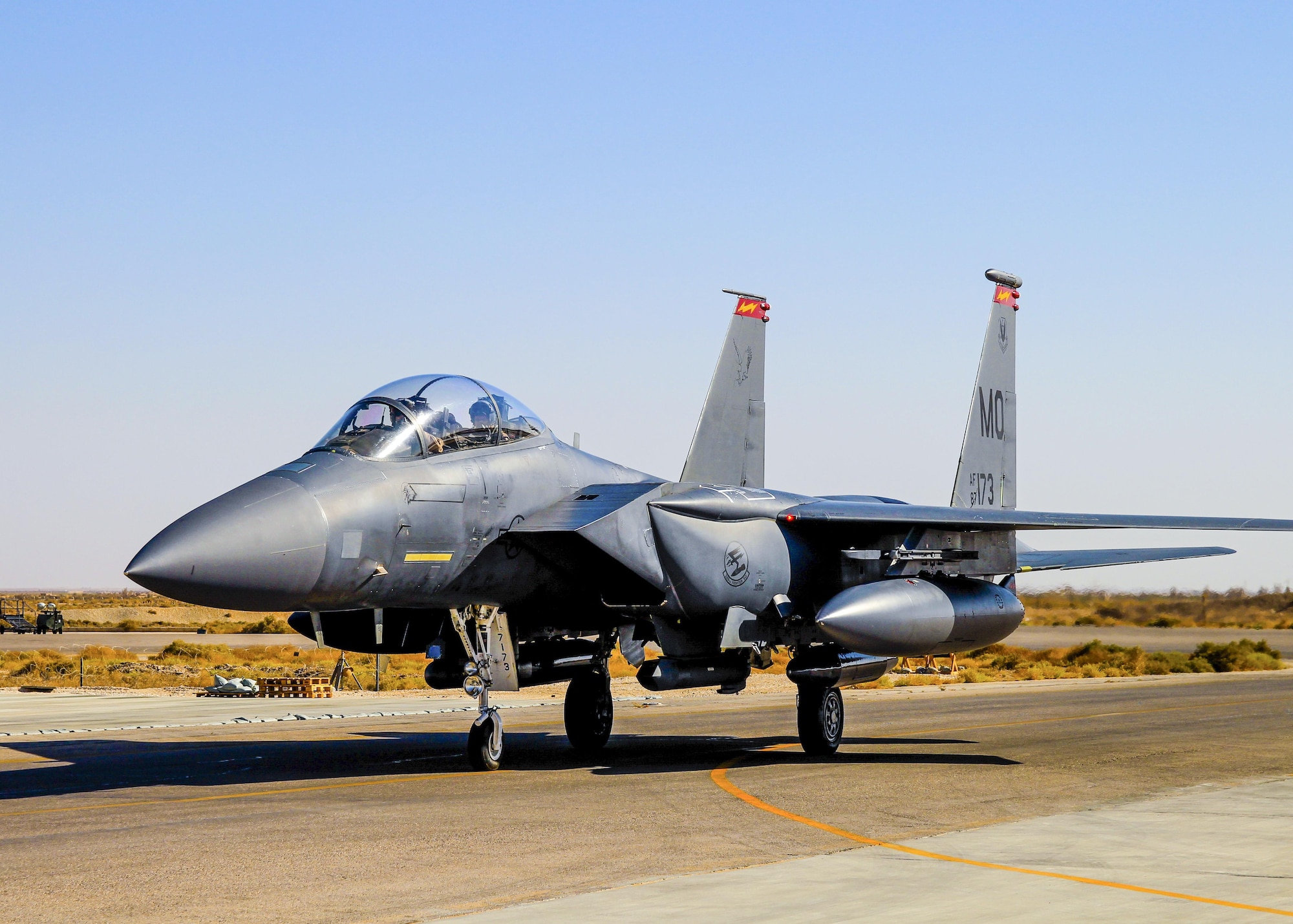 An F-15E Strike Eagle, assigned to the 366th Fighter Wing, taxis on a runway at an undisclosed location in Southwest Asia, October 5th, 2016. Previous models of the F-15 are assigned air-to-air roles; the "E" model has the capability to fight its way to a target over long ranges, destroy enemy ground positions and fight its way out. (Courtesy Photo)