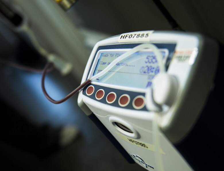 Blood flows from another 919th Special Operations Wing donor Jan. 8 at Duke Field, Fla.  The Human Resource Development Council-sponsored blood drive was the group’s first event of the new year.  (U.S. Air Force photo/Tech. Sgt. Sam King)