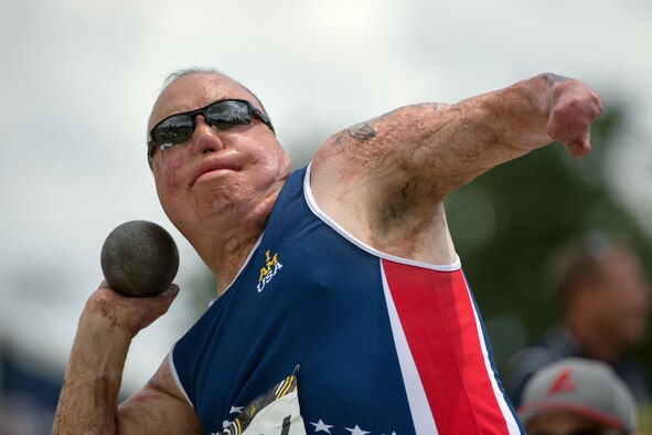 U.S. Air Force Master Sgt. Israel Del Toro throws a shotput during the 2016 Invictus Games slogan in Orlando, Fla. May 10, 2016. (DoD News photo by EJ Hersom)