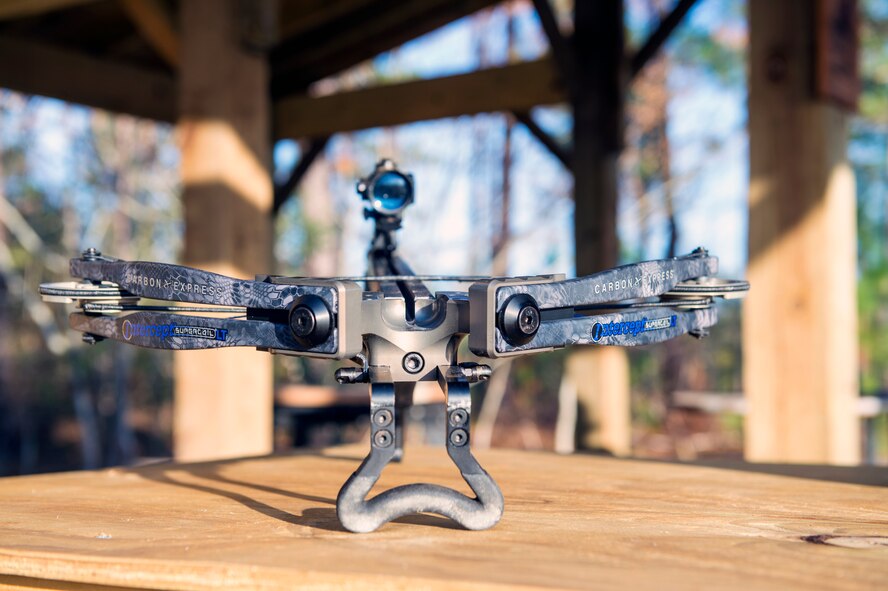 A crossbow rests on display at the newly renovated archery range, Jan. 5, 2017, at Moody Air Force Base, Ga. Participants are allowed to bring their own equipment and shoot free of charge and can also rent out equipment from the 23d Force Support Squadron’s Outdoor Recreation office. (U.S. Air Force photo by Airman 1st Class Greg Nash)