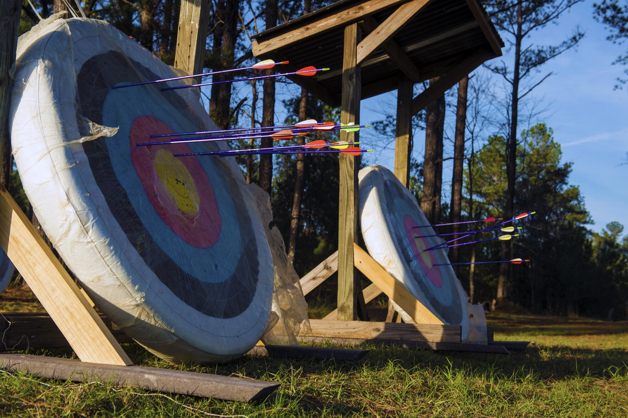 Arrows rest in targets at the newly renovated archery range, Jan. 5, 2017, at Moody Air Force Base, Ga. Up to 20 archers can occupy the range at a time, which has targeting from 10 feet through 60 yards. (U.S. Air Force photo by Airman 1st Class Greg Nash)