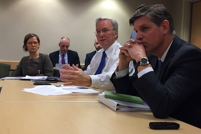 Eric Schmidt, center, executive chairman of Alphabet Inc., the parent company of Google, and chair of the Defense Innovation Advisory Board, speaks to reporters at the Pentagon following the board's second meeting, Jan. 9. 2017. In the meeting, board members approved 11 recommendations aimed at enhancing the Defense Department in technology, culture, operations and processes. DoD photo by Lisa Ferdinando