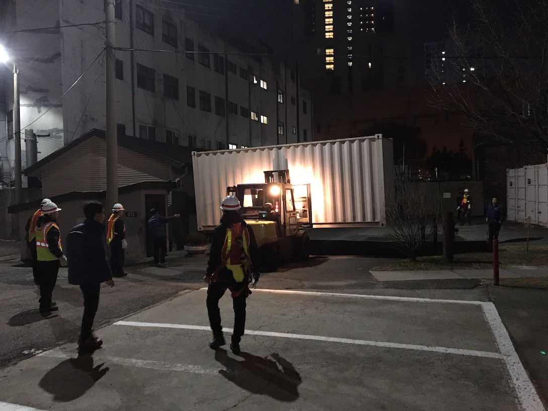 Far East District logistic management office moved 6 empty container boxes from Far East District to Defense Reutilization Managemnt Services Office (DRMO) with help from 25th Transportation Battalion Dec. 21. This is all part of the Far East District’s planned relocation to Camp Humphreys.