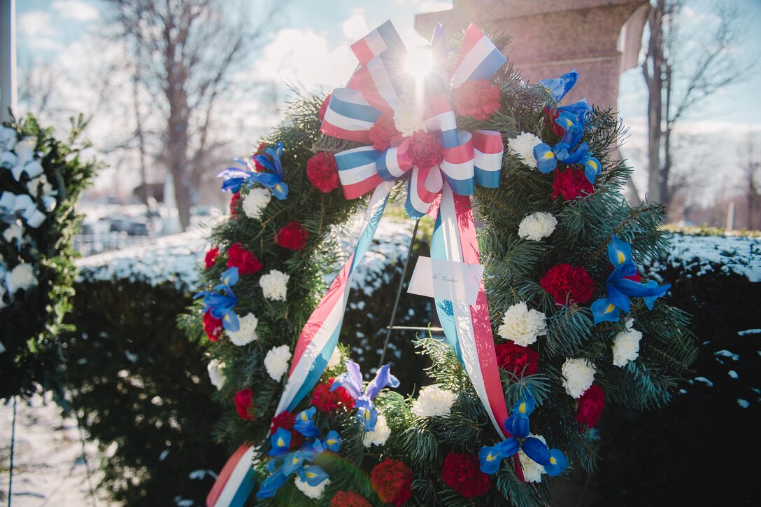 A wreath provided by the White House on behalf of President Barack Obama sits on display at the grave of President Millard Fillmore, Forest Lawn Cemetery, Buffalo, N.Y., Jan. 6, 2017. Col. Gary R. Charlton, vice commander of the 107th Airlift Wing, Niagara Falls Air Reserve Station, presented the wreath at a ceremony held by the University at Buffalo, a school which Fillmore was one of the founders. (U.S. Air Force Photo by Staff Sgt. Ryan Campbell