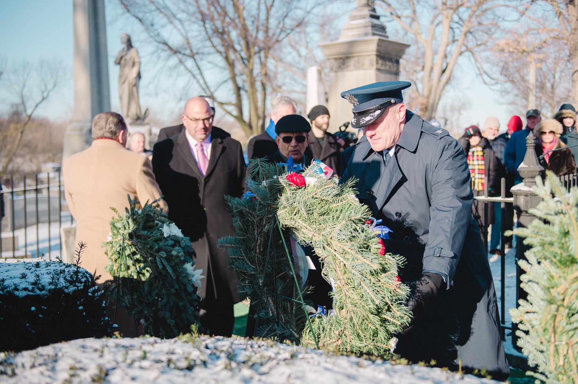 Col. Gary R. Charlton, vice commander of the 107th Airlift Wing, Niagara Falls Air Reserve Station, presents a wreath at the grave of President Millard Fillmore, on behalf of President Barack Obama, Forest Lawn Cemetery, Buffalo, N.Y., Jan. 6, 2017. The ceremony, which is held by the University at Buffalo, a school which Fillmore was one of the founders, commemorates the former president's birthday. (U.S. Air Force Photo by Staff Sgt. Ryan Campbell)