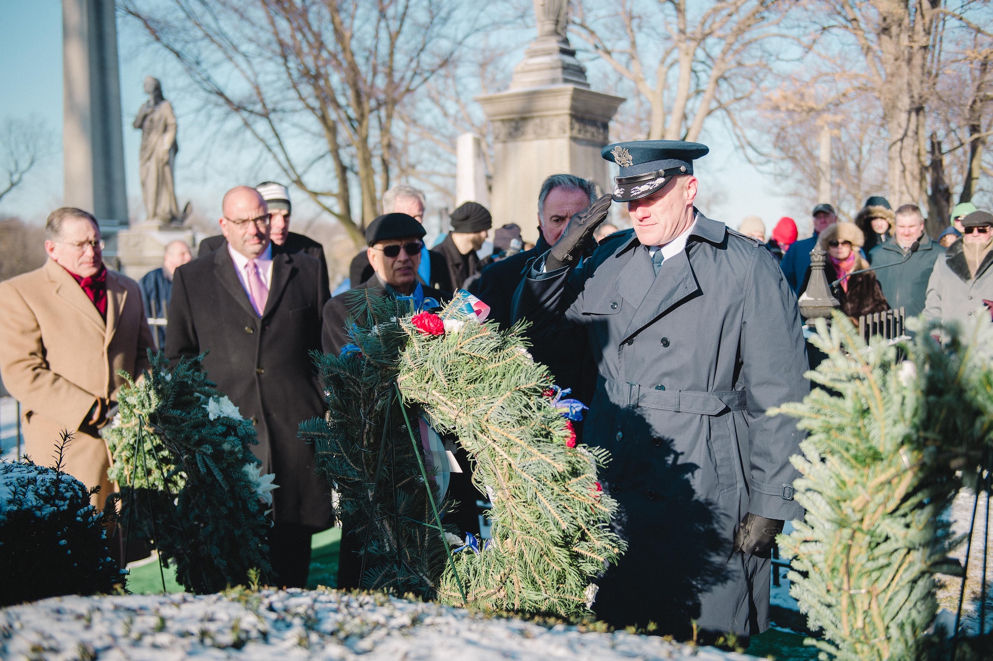 Col. Gary R. Charlton, vice commander of the 107th Airlift Wing, Niagara Falls Air Reserve Station, presents a wreath at the grave of President Millard Fillmore, on behalf of President Barack Obama, Forest Lawn Cemetery, Buffalo, N.Y., Jan. 6, 2017. The ceremony, which is held by the University at Buffalo, a school which Fillmore was one of the founders, commemorates the former president's birthday. (U.S. Air Force Photo by Staff Sgt. Ryan Campbell)