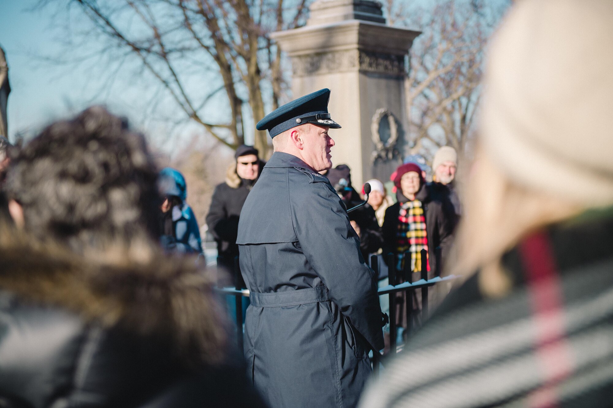 Col. Gary R. Charlton, vice commander of the 107th Airlift Wing, Niagara Falls Air Reserve Station, delivers remarks after presenting a wreath at the grave of President Millard Fillmore, on behalf of President Barack Obama, Forest Lawn Cemetery, Buffalo, N.Y., Jan. 6, 2017. The ceremony, which is held by the University at Buffalo, a school which Fillmore was one of the founders, commemorates the former president's birthday. (U.S. Air Force Photo by Staff Sgt. Ryan Campbell)