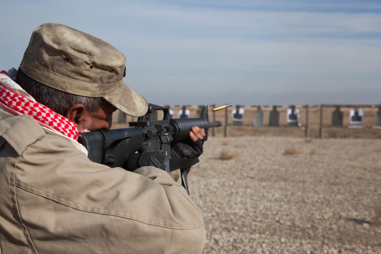 An Iraqi security forces soldier fires a M16A2 during training at Besmaya Range Complex, Iraq, Jan. 06, 2017. BRC is one of four Combined Joint Task Force – Operation Inherent Resolve locations dedicated to building partner capacity. CJTF-OIR is the global Coalition to defeat ISIL in Iraq and Syria. (U.S. Army photo by Sgt. Joshua Wooten)