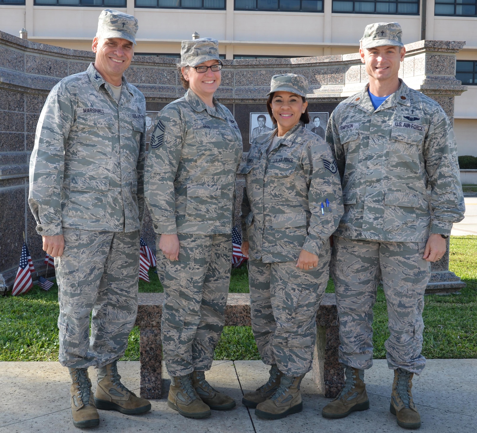 (Left to right) Chaplain (Col.) Randy Marshall, deputy command chaplain, and Chief Master Sgt. Natalie Gray, chaplain assistant functional manager, Air Force Reserve Command, visited the Air Force Reserve's 920th Rescue Wing, chaplains, Staff. Sgt. Anna Vazquez, NCOIC Chapel Operations; and Chaplain (Maj.) Matthew Simpson, Wing Chaplain, during the Wing’s Unit Training Assembly Jan 7-8, 2017, for a senior religious team one-on-one engagement with the chaplain’s office at Patrick Air Force Base, Florida. 