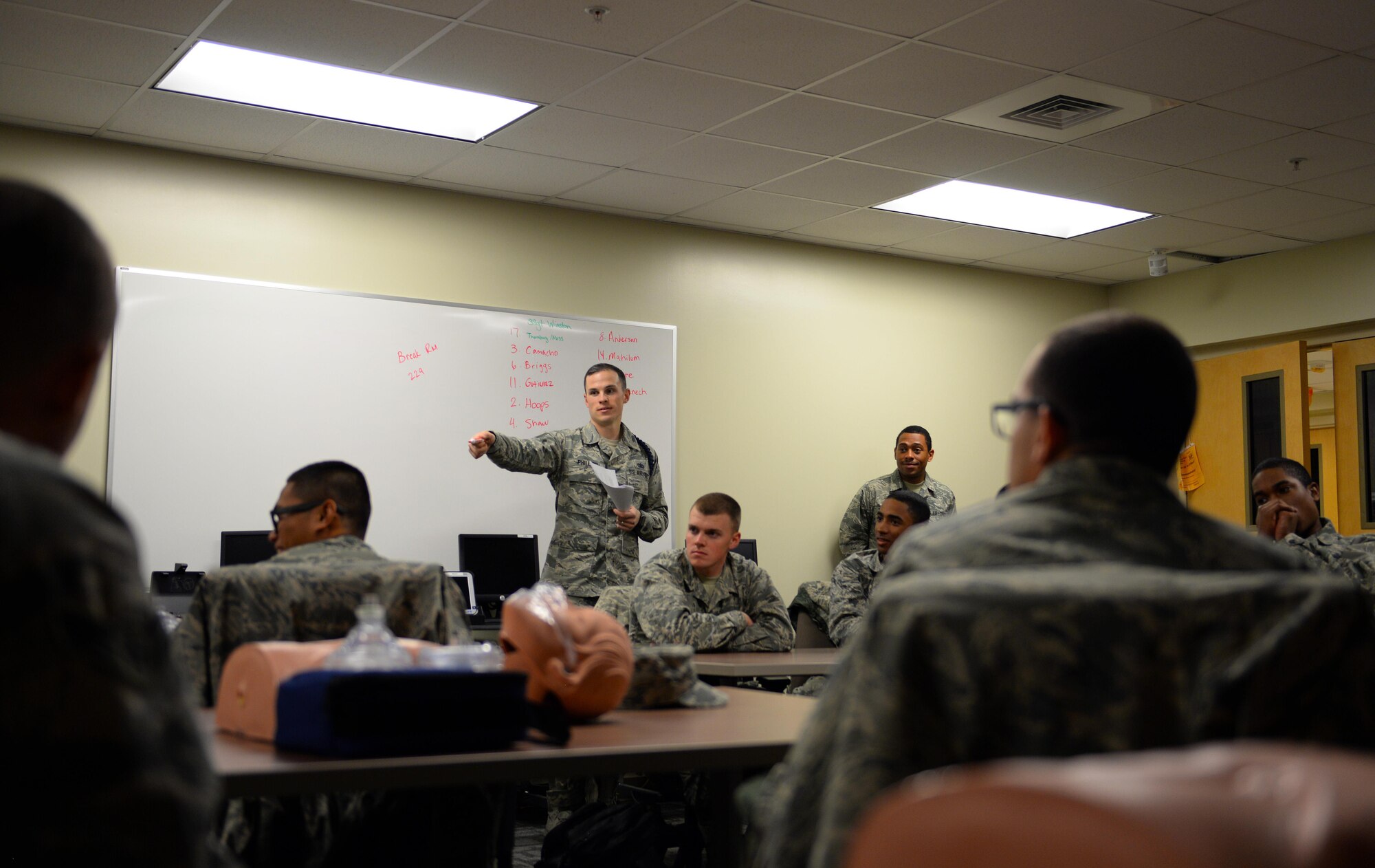 Staff Sgt. Turner Phillips, 81st Training Support Squadron Military Training Leader Course instructor, assigns roles to non-prior service Airmen for a counseling exercise, Dec. 19, 2016, on Keesler Air Force Base, Miss. MTL Course instructors evaluate the students on their ability to counsel Airmen awaiting training, who presented different issues they may encounter in the training environment. (U.S. Air Force photo by Senior Airman Duncan McElroy)