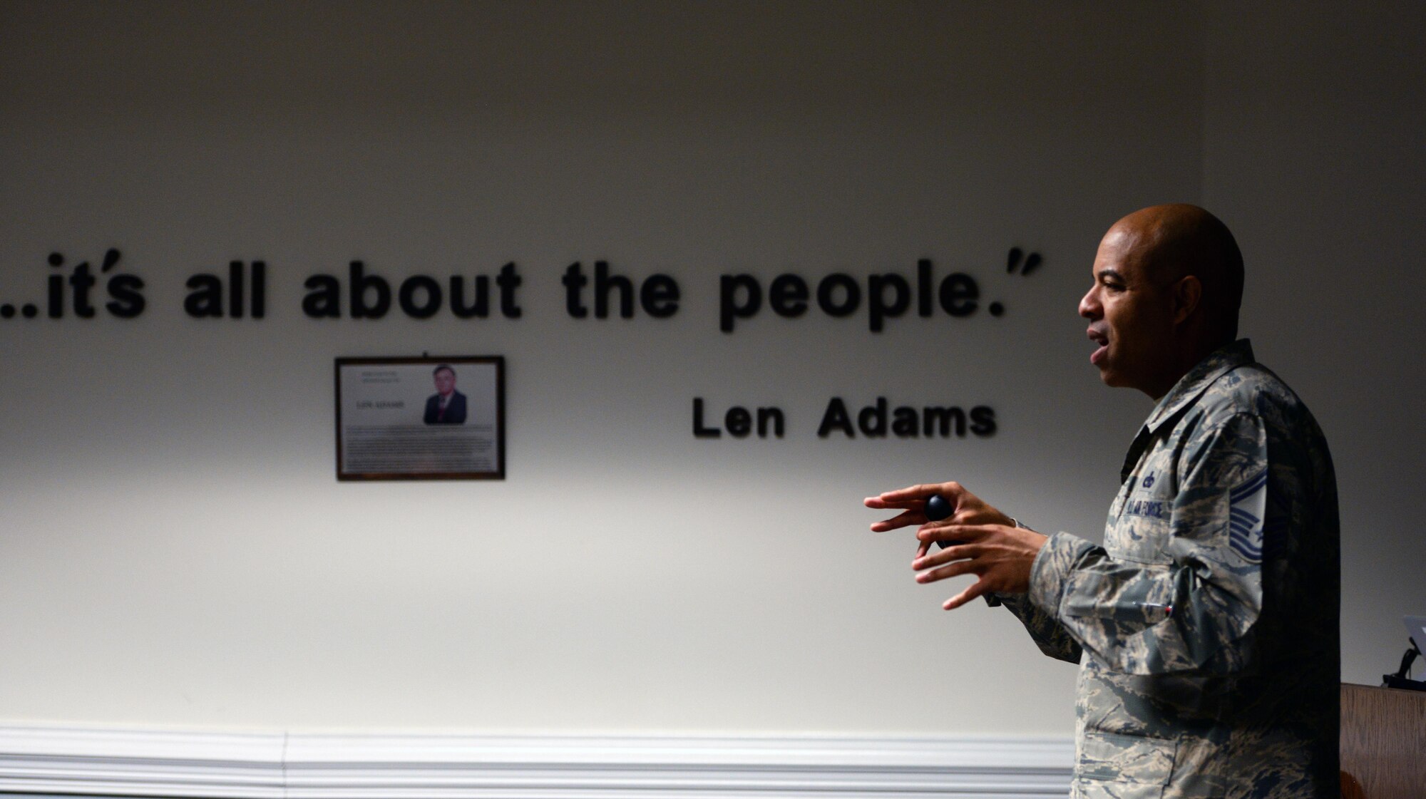 Senior Master Sgt. Keith Castille, Air Force Profession of Arms Center of Excellence instructor, talks during an ‘Enhancing Human Capital’ seminar to 81st Training Support Squadron Military Training Leader Course students, Dec. 20, 2016, on Keesler Air Force Base, Miss. As a new addition to the four-week course curriculum, Castille discussed effective communication techniques, relationship development and differing leadership styles. (U.S. Air Force photo by Senior Airman Duncan McElroy)
