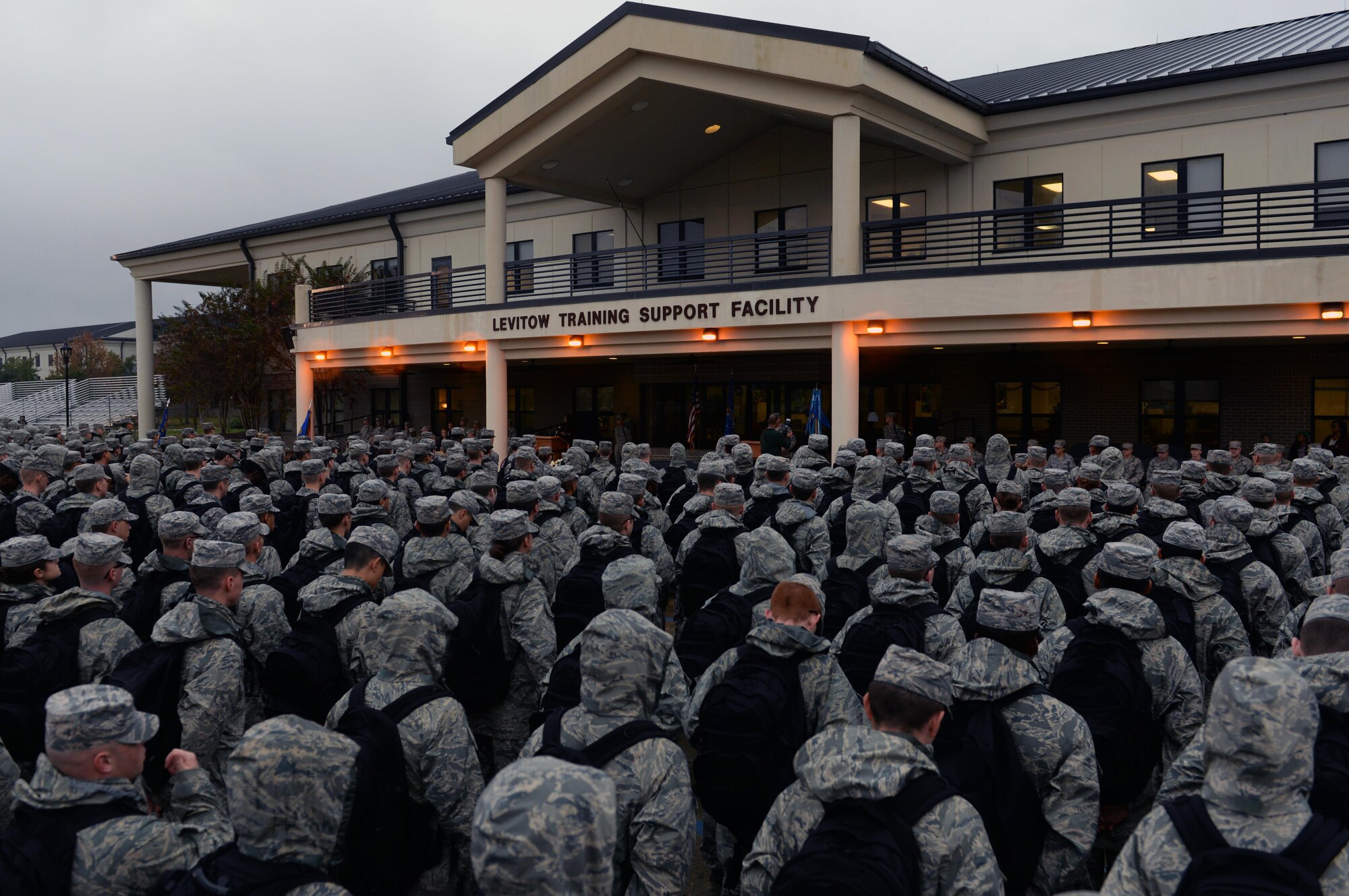Non-prior service Airmen stand in formation prior to an 81st Training Support Squadron Military Training Leader Course graduation ceremony at the Levitow Training Support Facility, Dec. 22, 2016, on Keesler Air force Base, Miss. Twelve NCOs received their blue aiguillettes and will be assigned to different training groups within 2nd Air Force to mentor, train and lead non-prior service Airmen. (U.S. Air Force photo by Senior Airman Duncan McElroy)