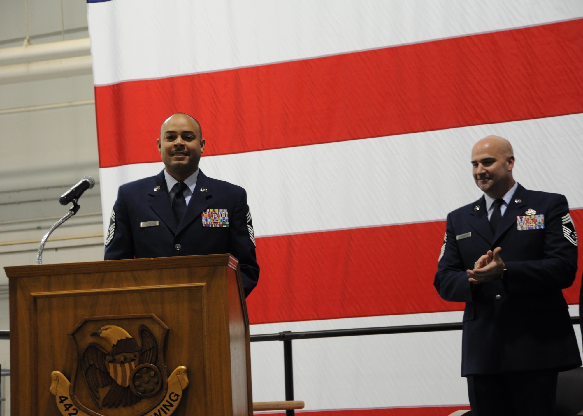 U.S. Air Force Chief Master Sgt. Kellie Askew, 442d Aircraft Maintenance Squadron deputy superintendent, address the audience during his promotion ceremony at Whiteman Air Force Base, Missouri, Jan. 7, 2017. Askew began his Air Force career as an F-16 crew chief at Hill AFB, Utah. (U.S. Air Force photo/Senior Airman Missy Sterling)