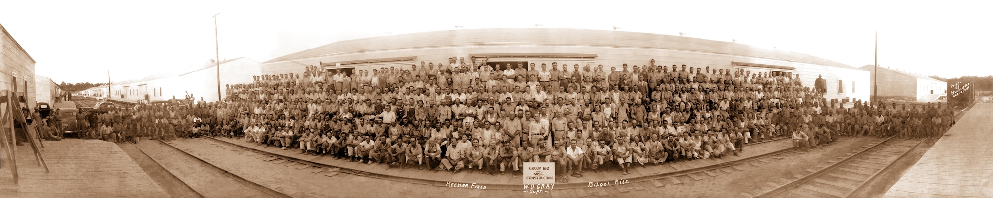 Members of Group B-2 and Misc. Construction pose for a photo at Keesler Field, Miss., Oct. 10, 1941. (Photo by Stone Cipher)
