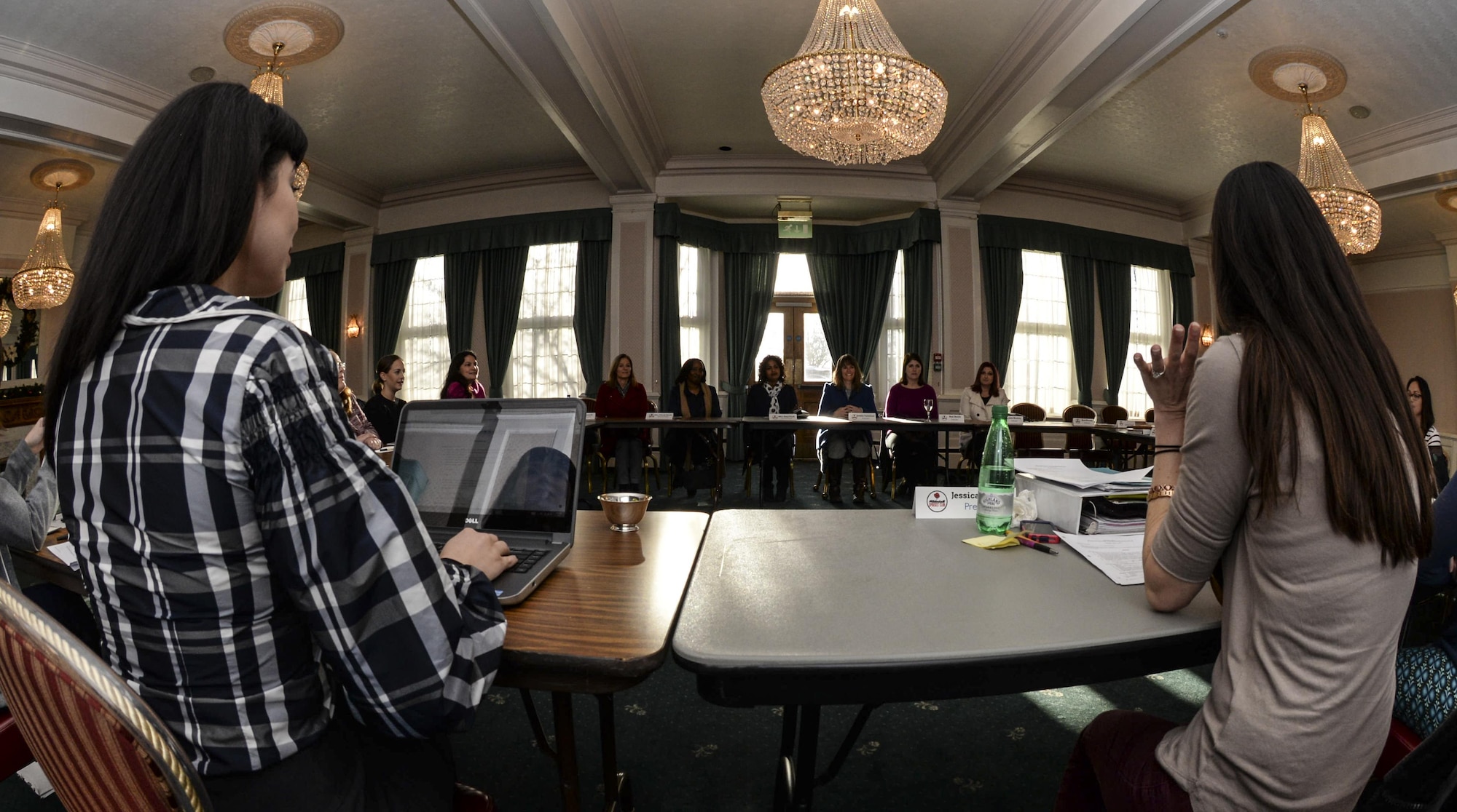 The Mildenhall Spouses’ Club hosts a meeting Jan. 5, 2016, on RAF Mildenhall, England. The spouses joined by Amy Clark, spouse of U.S. Air Force Lt. Gen. Richard Clark, 3rd Air Force commander, and Yolanda Easton, spouse of U.S. Air Force Chief Master Sgt. Phillip Easton, 3rd Air Force command chief. The Mildenhall Spouses’ Club is a social and philanthropic organization serving the local community.  (U.S. Air Force photo by Airman 1st Class Tenley Long)