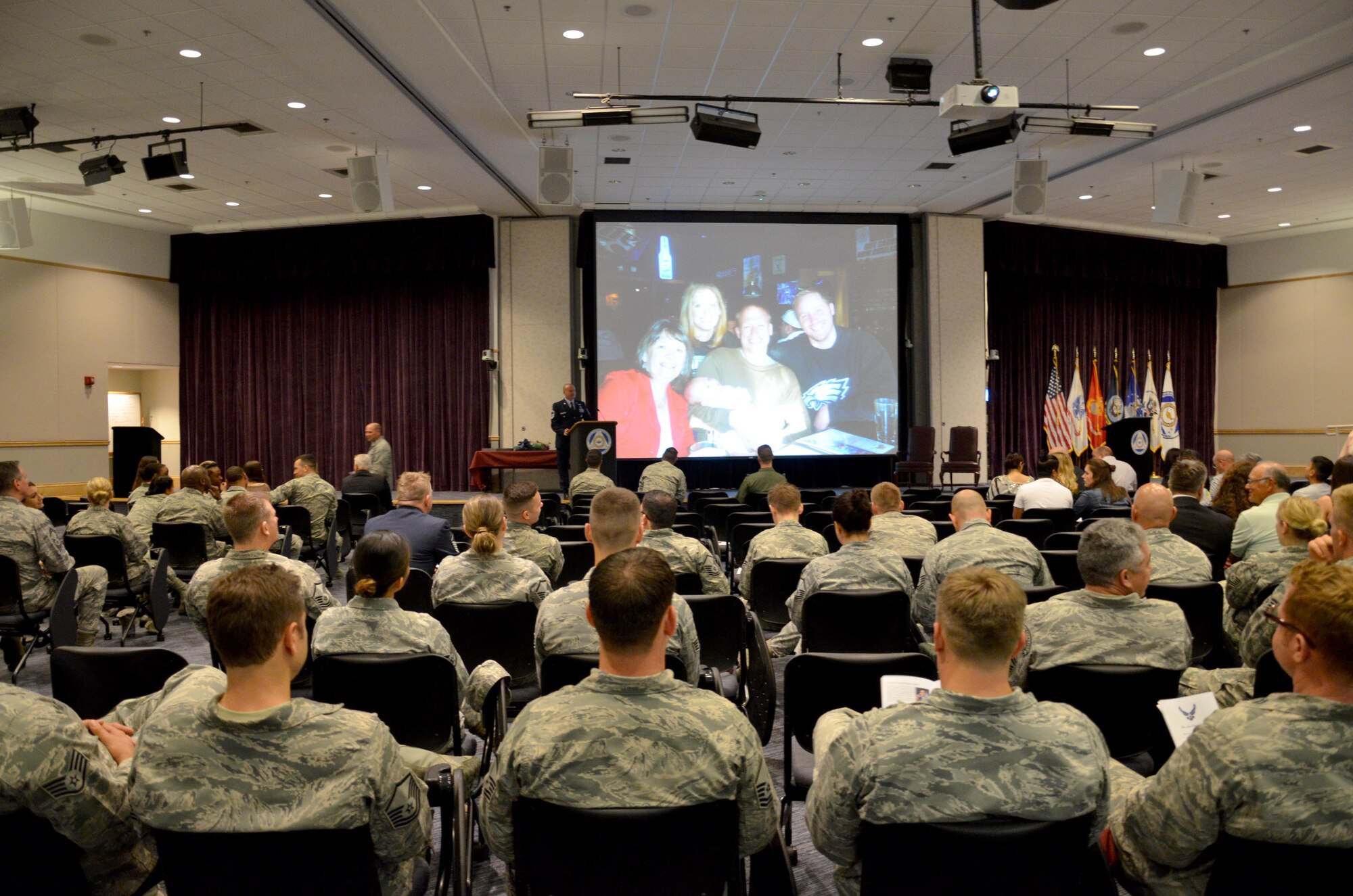 Senior Master Sgt. Jon Grant, pararescue superintendent, 920th Operations Group, retires January 7, 2017, after 27-year Air Force career as a pararescueman. During the ceremony at Patrick Air Force Base, comrades and commanders filled the room to honor him and his family for their longstanding service to country. (U.S. Air Force photo/Senior Airman Brandon Kalloo Sanes)