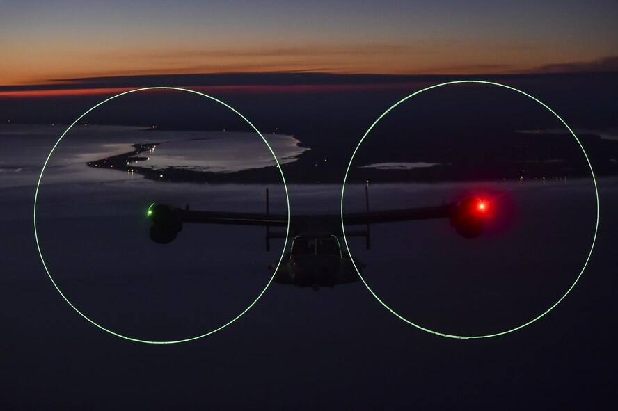 A CV-22 Osprey tiltrotor aircraft performs a routine formation flight while en route to Raymond James Stadium in Tampa, Fla., Jan. 9, 2017. The 1st Special Operations Wing conducted a flyover for the 2017 College Football Playoff National Championship game featuring the Clemson Tigers versus Alabama Crimson Tide. (U.S. Air Force photo by Staff Sgt. Christopher Callaway)