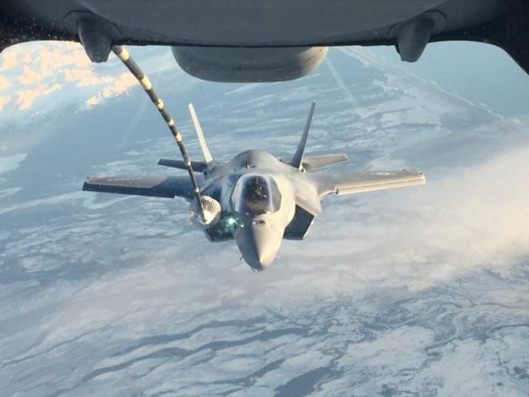 NORTH PACIFIC OCEAN – An F-35B from Marine Fighter Attack Squadron (VMFA) 121, 3rd Marine Aircraft Wing, refuels in flight while transiting the Pacific from Marine Corps Air Station Yuma, Ariz., to Joint Base Elmendorf-Richardson, Alaska, Jan. 9, 2017, with its final destination of Iwakuni, Japan.  VMFA-121 is the first operational F-35B squadron assigned to the Fleet Marine Force, with its relocation to 1st Marine Aircraft Wing at Iwakuni.  The F-35B was developed to replace the Marine Corps’ F/A-18 Hornet, AV-8B Harrier and EA- 6B Prowler. The Short Take-off Vertical Landing (STOVL) aircraft is a true force multiplier. The unique combination of stealth, cutting-edge radar and sensor technology, and electronic warfare systems bring all of the access and lethality capabilities of a fifth-generation fighter, a modern bomber, and an adverse-weather, all-threat environment air support platform.
