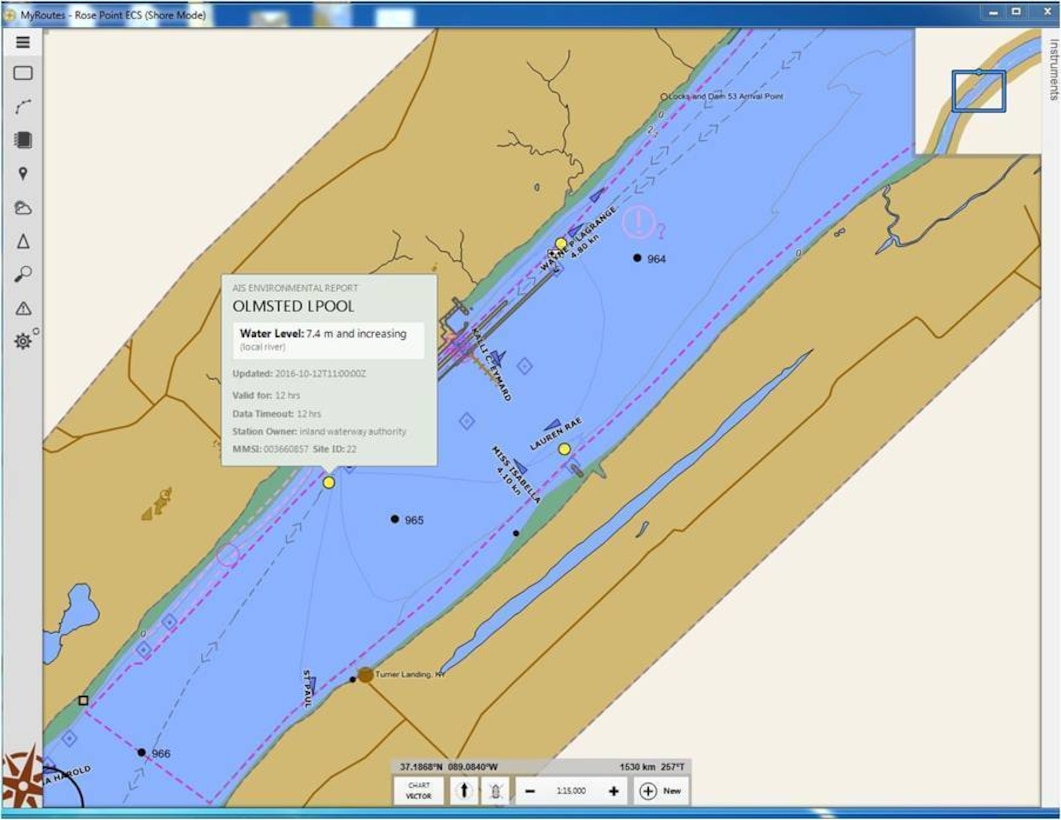 A screen from a commercial Electronic Chart System shows both electronic Aids to Navigation and enhanced Marine Safety Information in the vicinity of the Olmsted Lock near Olmsted, Ill. Coast Guard graphic