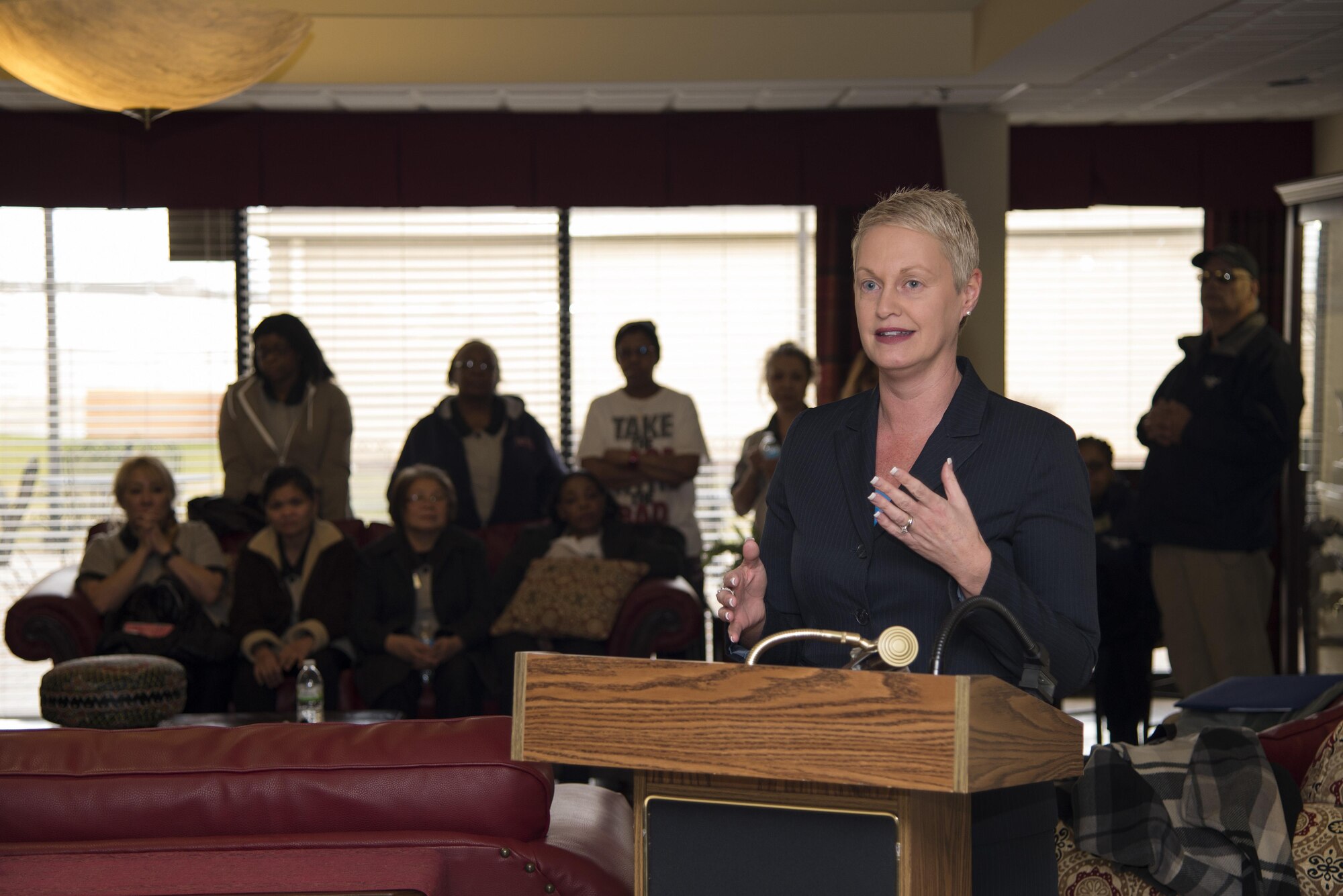 Delaware Secretary of Transportation Jennifer Cohan speaks during the DART First State bus route expansion ribbon cutting ceremony Jan. 5, 2017, at Eagle’s Rest Inn on Dover Air Force Base, Del. Approximately 50 Airmen and community members attended the event. (U.S. Air Force photo by Senior Airman Aaron J. Jenne)
