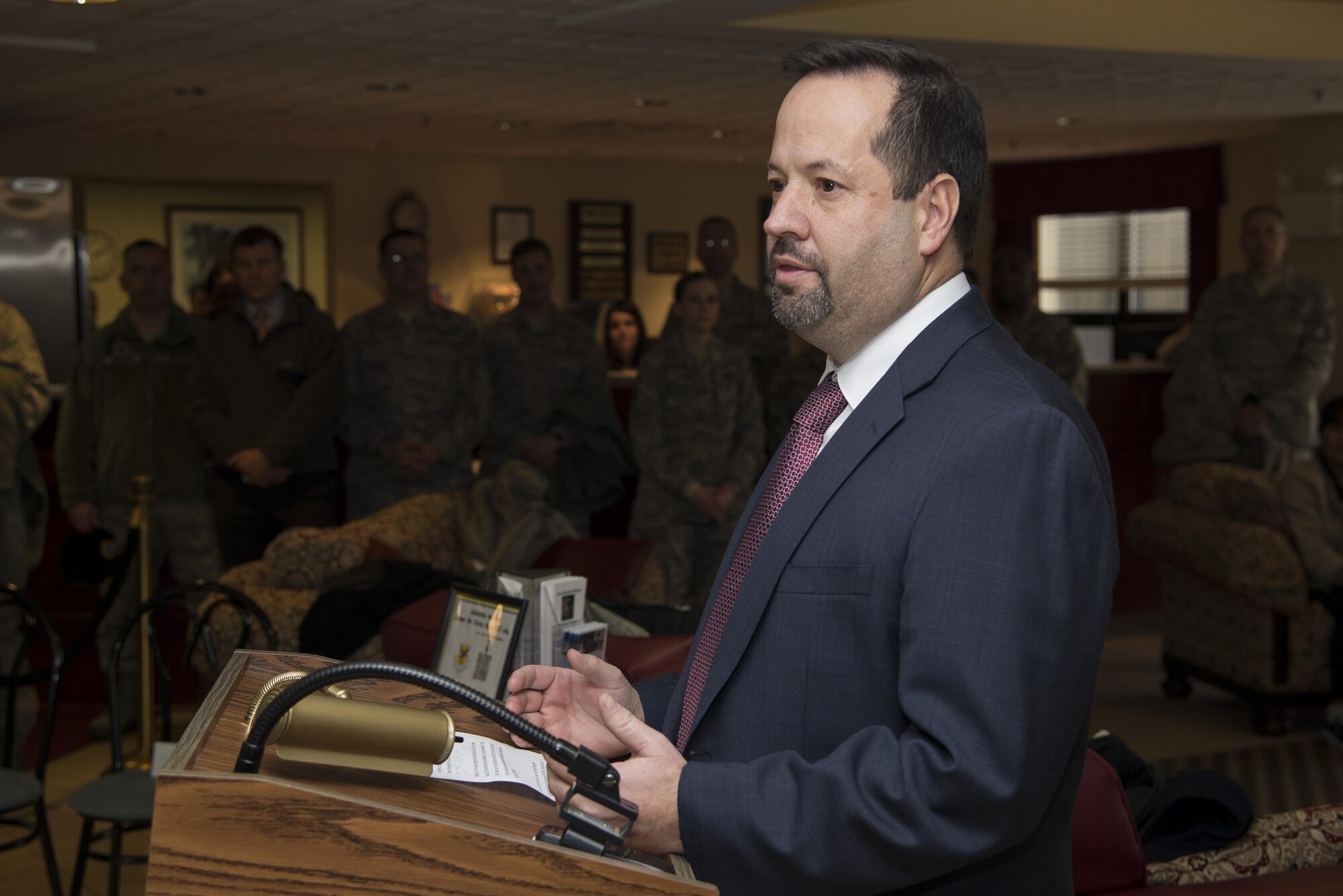 John Sisson, Delaware Transit Corporation CEO, speaks during the DART First State bus route expansion ribbon cutting ceremony Jan. 5, 2017, at Eagle’s Rest Inn on Dover Air Force Base, Del. DTC is a subsidiary of the Delaware Department of Transportation and operates DART First State, Delaware’s only public transportation service.  (U.S. Air Force photo by Senior Airman Aaron J. Jenne)