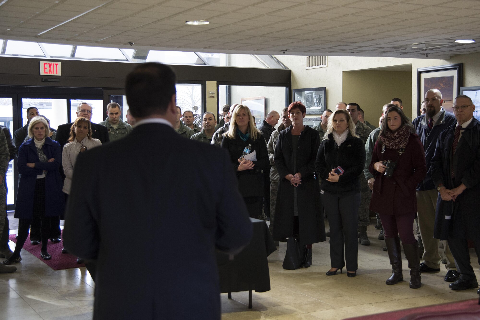 John Sisson, Delaware Transit Corporation CEO, speaks during the DART First State bus route expansion ribbon cutting ceremony Jan. 5, 2017, at Eagle’s Rest Inn on Dover Air Force Base, Del. Two bus stops on the installation were added to an existing bus route to provide Airmen greater connection with the community. (U.S. Air Force photo by Senior Airman Aaron J. Jenne)
