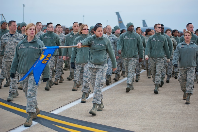 Presidential Inaugural Parade volunteers practice marching on the Joint Base Andrews, Maryland, flight line Jan. 8, 2017. Nearly 90 459th ARW reservists are slated to represent the more than 69,000 members of Air Force Reserve Command in the January 20th parade. (U.S. Air Force photo/Tech. Sgt. Kat Justen)