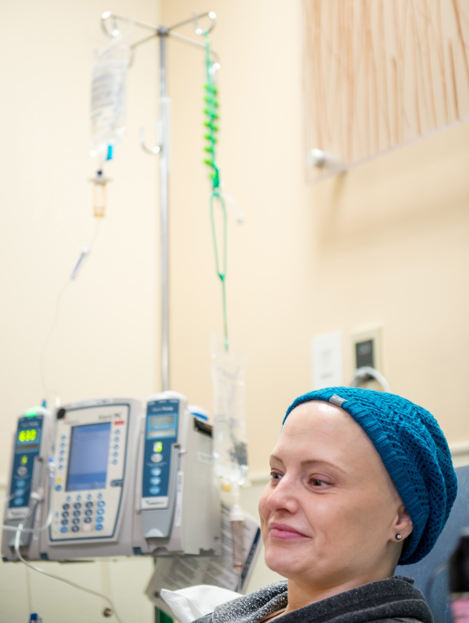 U.S. Air Force Master Sgt. Tracey Drake, 60th Medical Operations Squadron undergoes chemotherapy for her treatment for breast cancer, Travis Air Force Base, Calif., Dec. 13, 2016. Drake was diagnosed with metastatic breast cancer during her retirement physical in July 2016, 3 weeks before starting terminal leave. Drake faces more chemotherapy, surgery, radiation, targeted infusion, and reconstruction surgery. (U.S. Air Force photo/Louis Briscese)