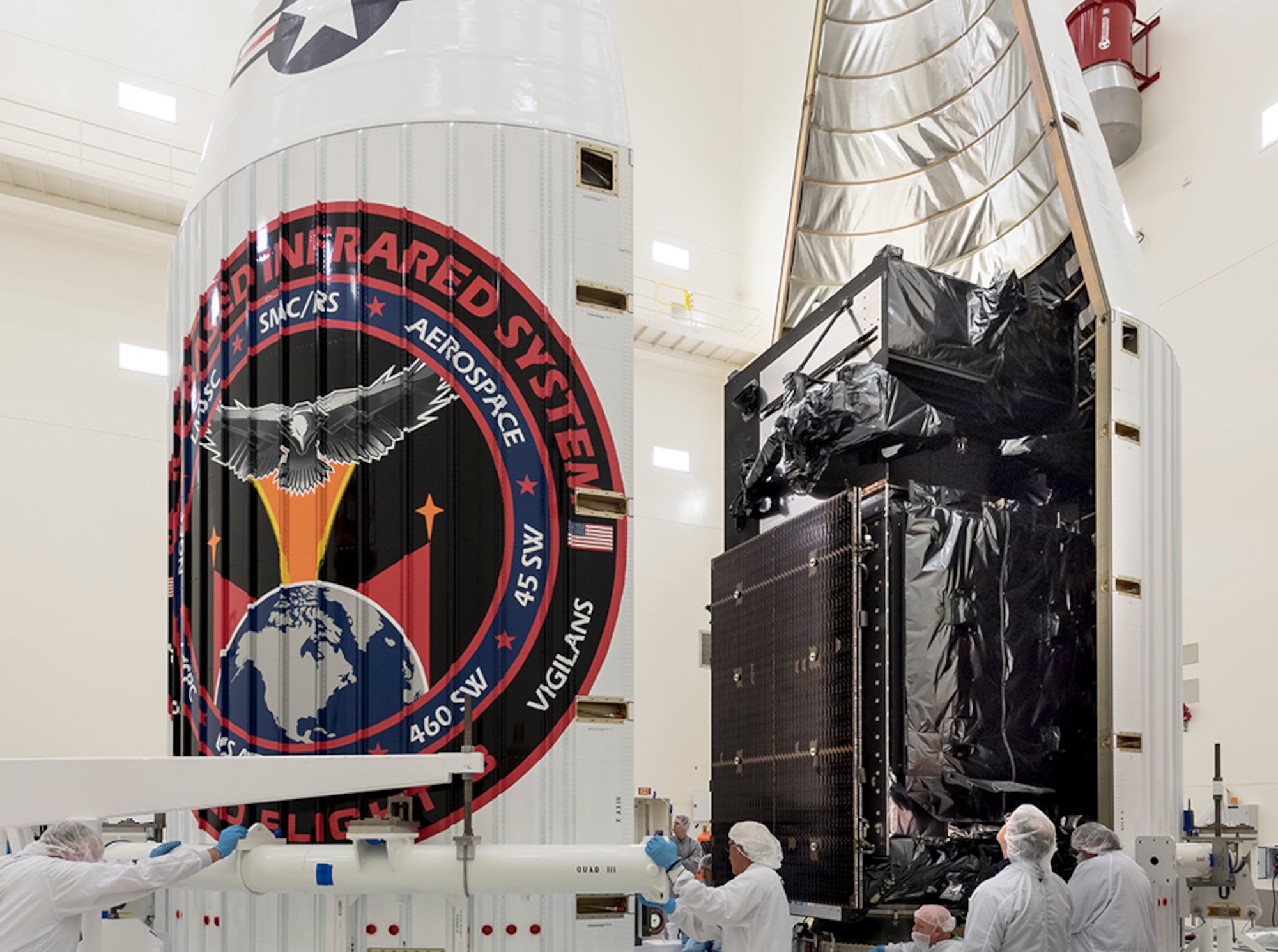 SBIRS GEO-3 is encapsulated at Cape Canaveral Air Force Station, Florida, Jan. 10 preparation for its scheduled Jan. 19 launch. The launch window is scheduled to open at  7:46 p.m., EST. (Photo courtesy of Lockheed Martin)