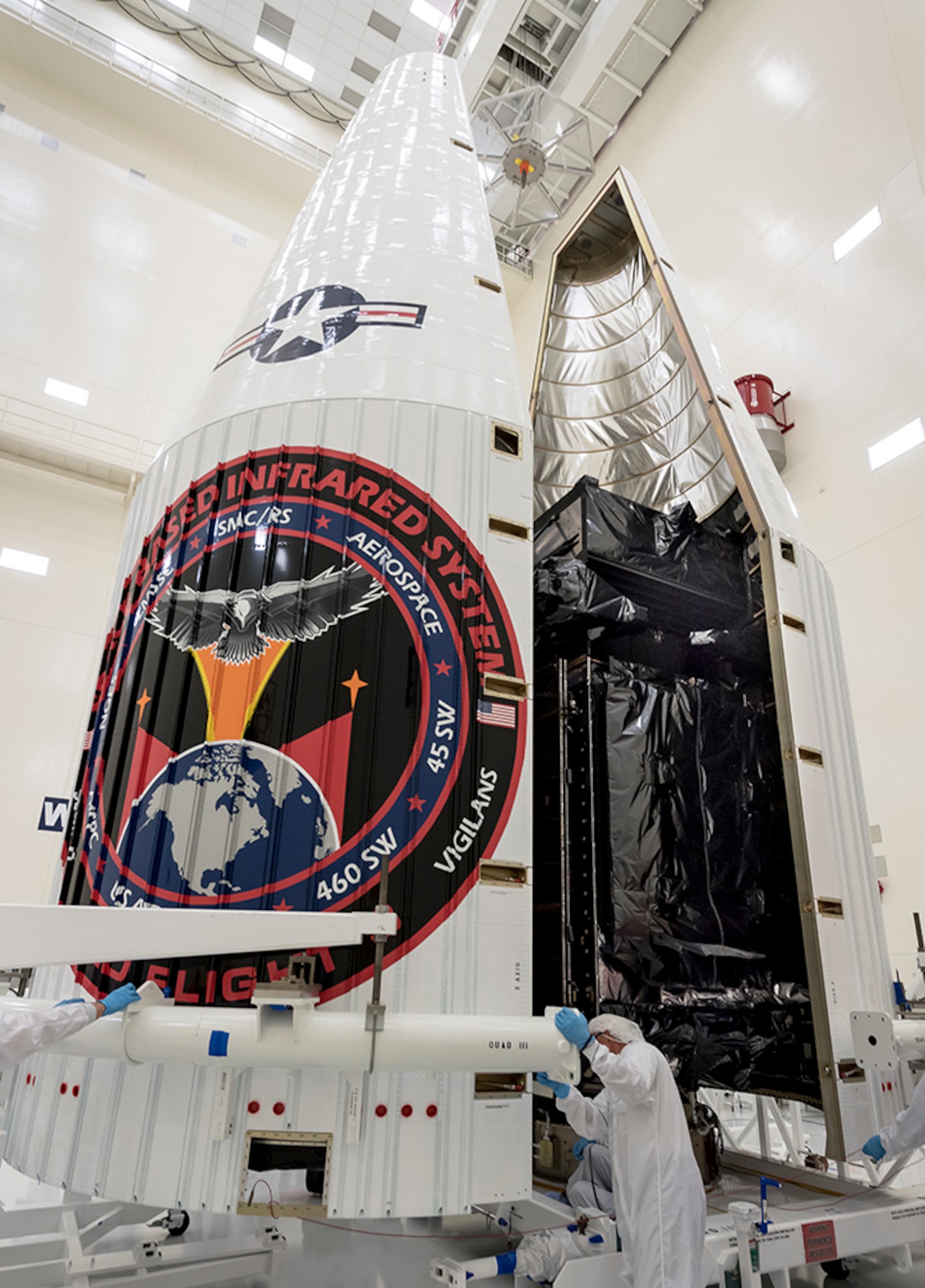 SBIRS GEO-3 is encapsulated at Cape Canaveral Air Force Station, Florida, Jan. 10 preparation for its scheduled Jan. 19 launch. The launch window is scheduled to open at  7:46 p.m., EST. (Photo courtesy of Lockheed Martin)