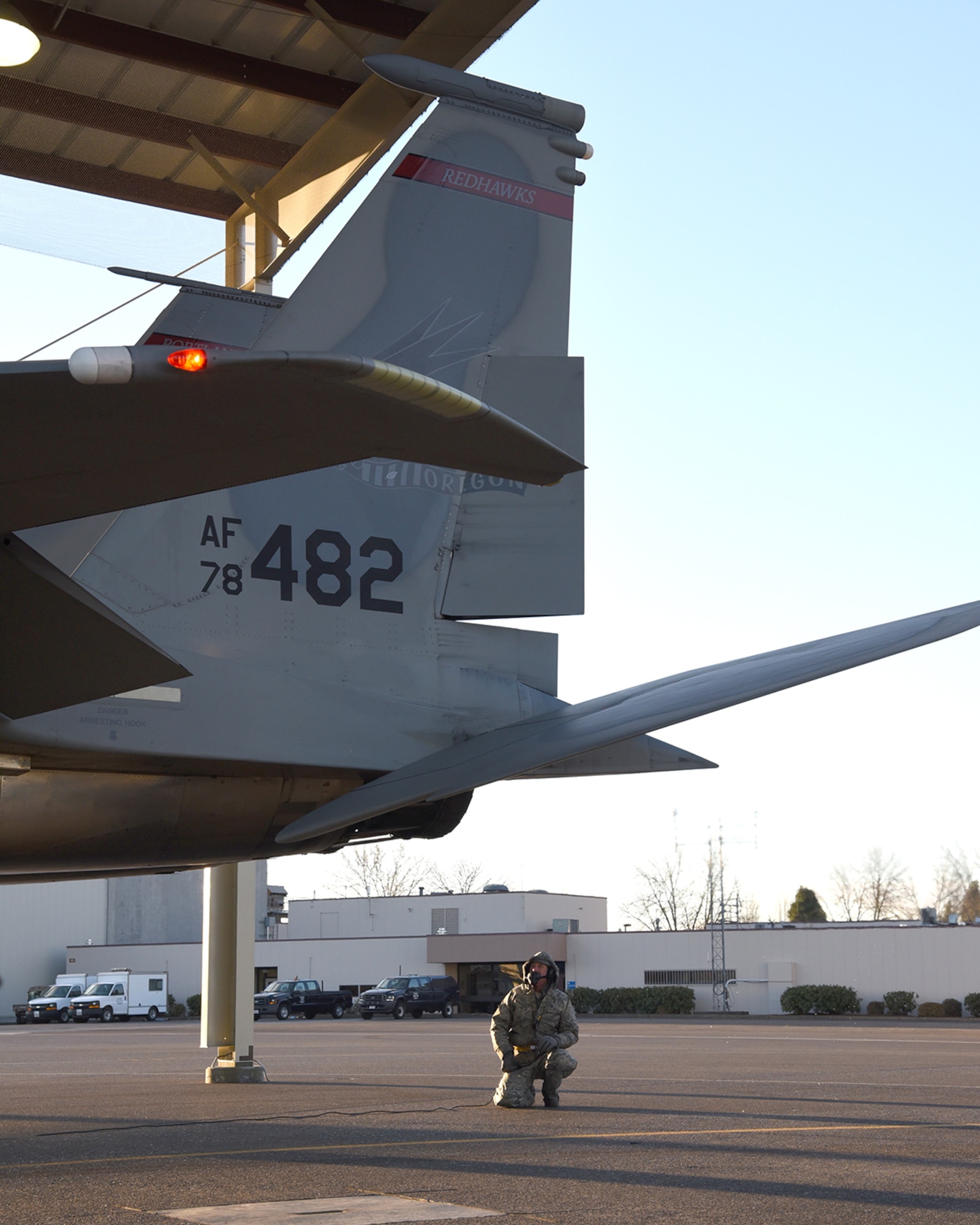 F-15C Eagle 78-482 Crew Chief, Master Sgt. Mark Billmyer, 142nd Aircraft Maintenance Squadron, inspects the jet prior to its first launch with a new wing, Portland Air National Guard Base, Ore., Jan. 3, 2017. (U.S. Air National Guard photo by Senior Master Sgt. Shelly Davison, 142nd Fighter Wing Public Affairs)

