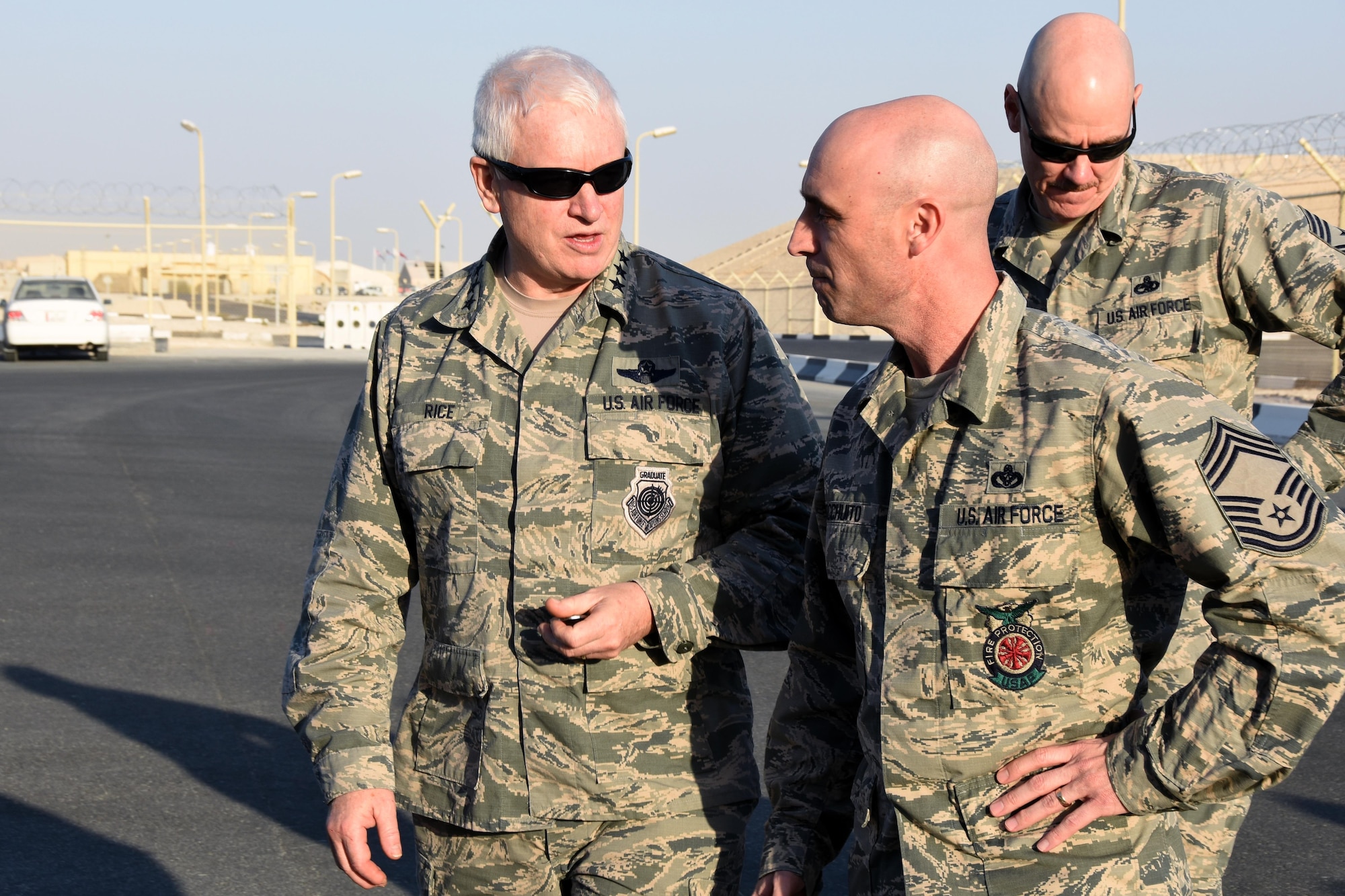 U.S. Air Force Lt. Gen. L. Scott Rice, director of the Air National Guard, meets with Airmen with the 379th Expeditionary Civil Engineer Squadron at Fire Station 3, Al Udeid Air Base, Qatar, Jan. 4, 2016. Rice expressed his gratitude for those serving in the deployed environment and for their continued patriotism. (U.S. Air Force photo by Senior Airman Cynthia A. Innocenti)