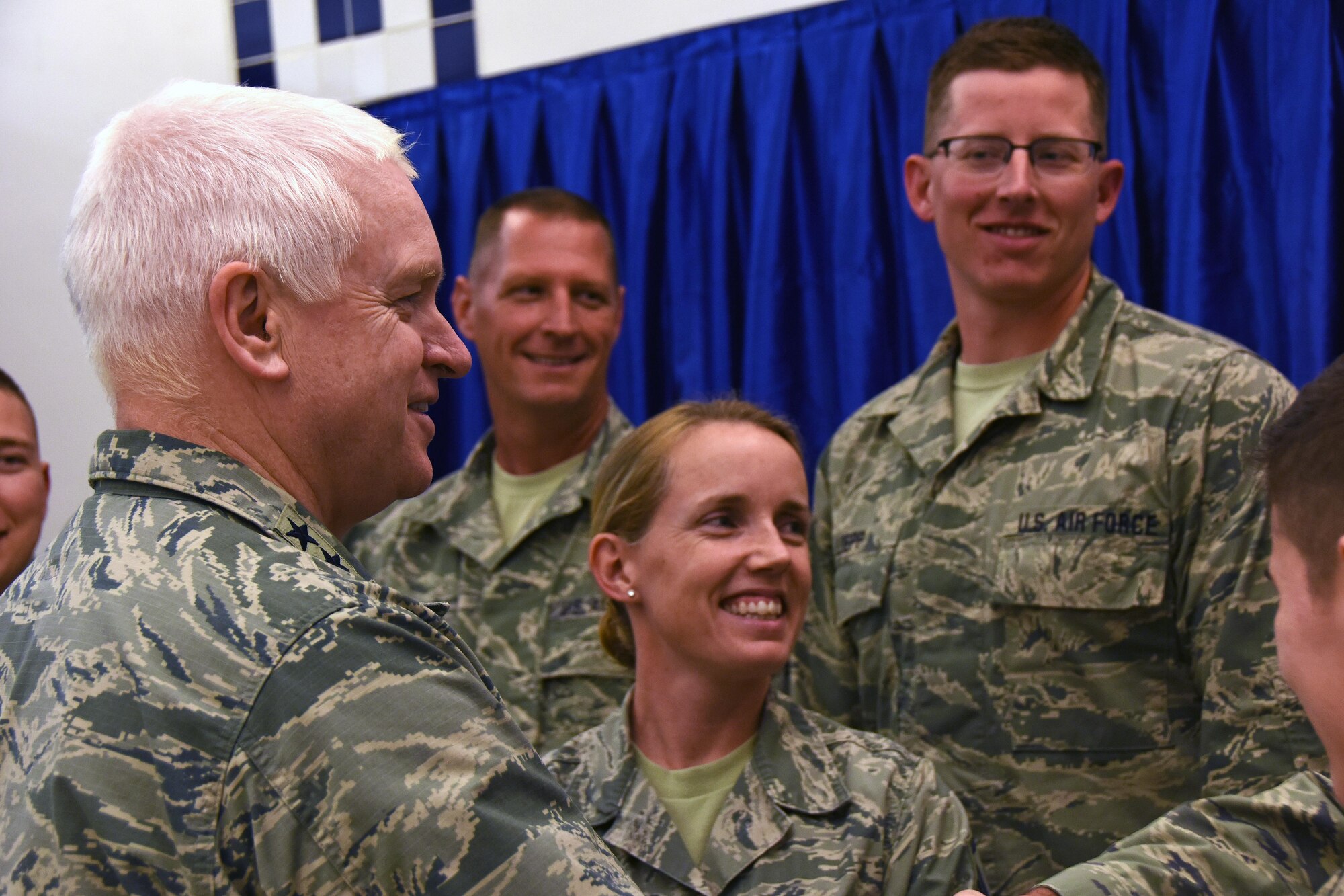 U.S. Air Force Lt. Gen. L. Scott Rice, director of the Air National Guard, shakes hands with guardsmen stationed at Al Udeid Air Base, Qatar, Jan. 4, 2016. Rice expressed his gratitude for those serving in the deployed environment and for their continued patriotism.  (U.S. Air Force photo by Senior Airman Cynthia A. Innocenti)