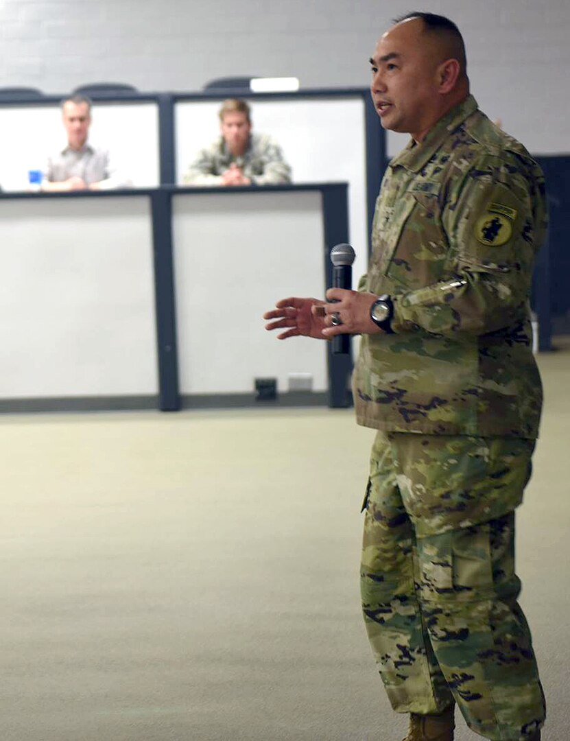 Brig. Gen. James Wong, Army South deputy commanding general and Director of Operations and National Guard Affairs, addresses attendees Jan. 10 at Joint Base San Antonio-Fort Sam Houston during a biannual training session on reintegration.