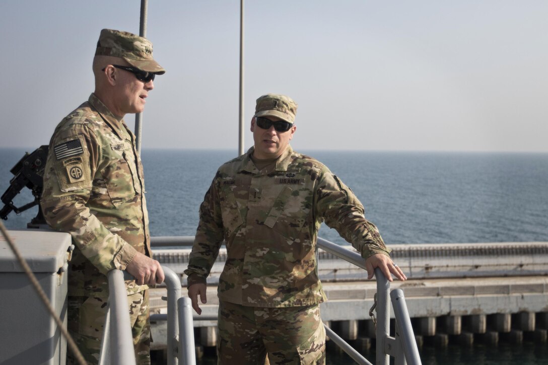 U.S. Army Reserve Commanding General Lt. Gen. Charles D. Luckey tours the LSV-5 “MG Charles P. Gross” during a tour of the Kuwait Naval Base and its capabilities in Kuwait, Jan. 10, 2017. (U.S. Army Photo by Staff Sgt. Dalton Smith)