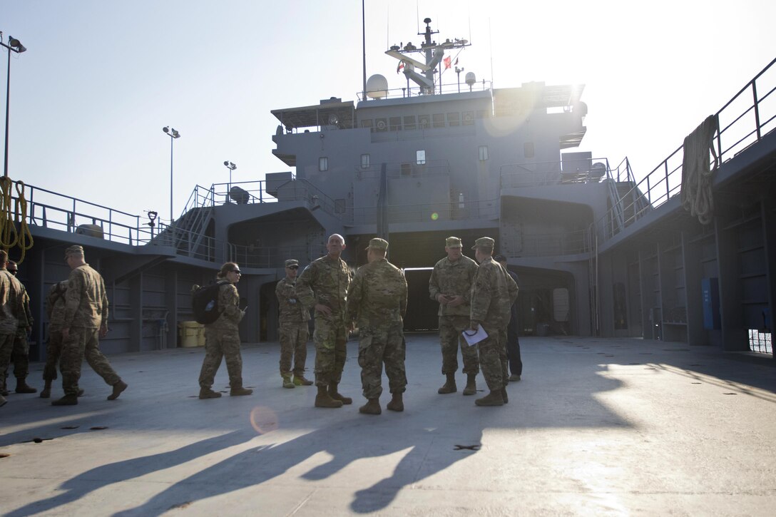 U.S. Army Reserve Commanding General Lt. Gen. Charles D. Luckey tours the LSV-5 “MG Charles P. Gross” during a tour of the Kuwait Naval Base and its capabilities in Kuwait, Jan. 10, 2017. (U.S. Army Photo by Staff Sgt. Dalton Smith)