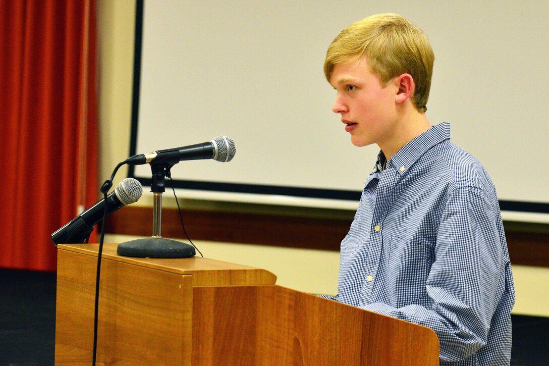 Alex Wepper of Vicenza High School makes remarks at the Dr. Martin Luther King Jr. observance at Caserma Ederle, Vicenza, Italy, Jan. 10, 2017. Army photo by Paolo Bovo