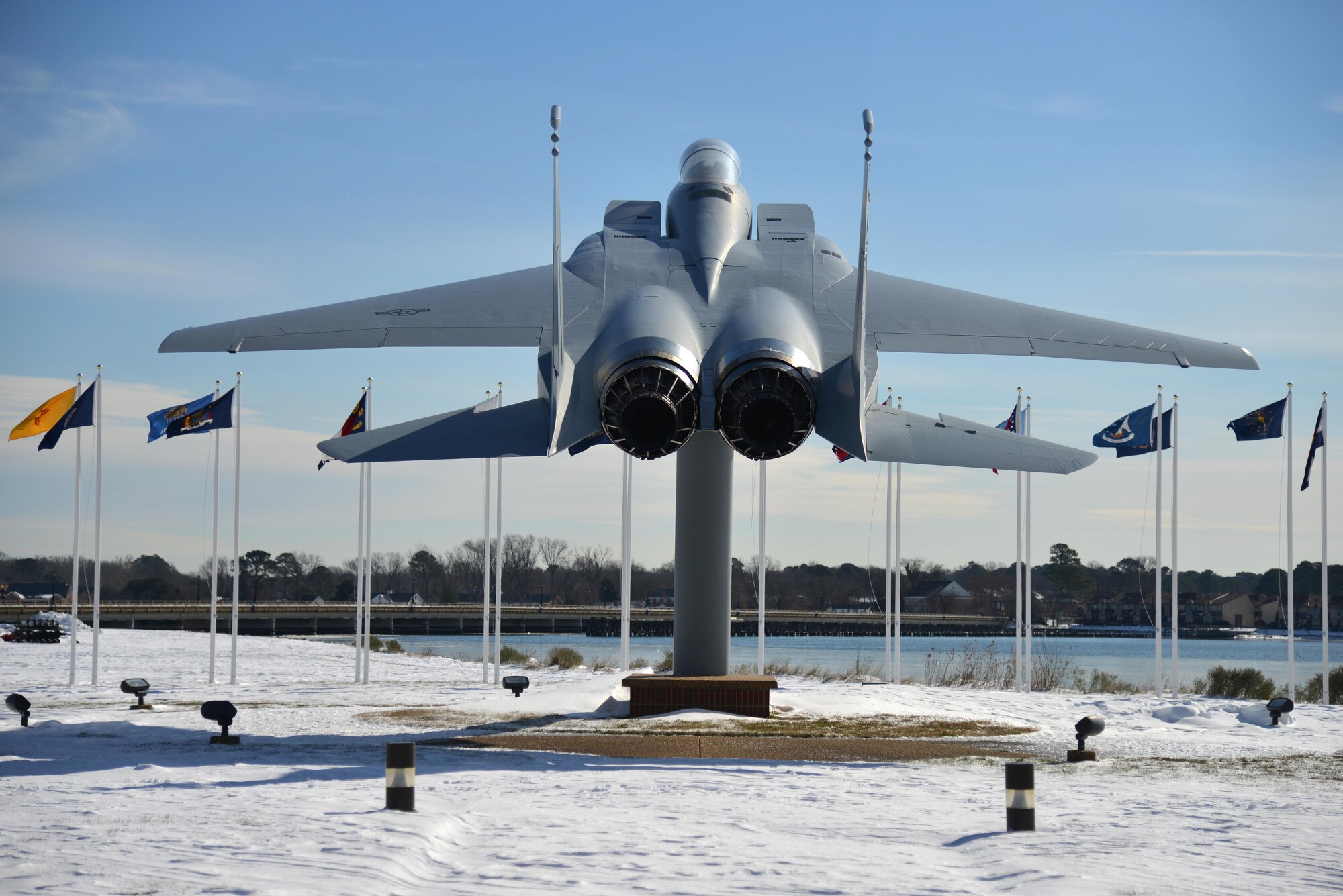 Snow covers Heritage Park after winter storm Helena at Joint Base Langley-Eustis, Va., Jan. 10, 2017. Due to the storm, JBLE operated with only mission essential duties and personnel Jan. 7 - 9. (U.S. Air Force photo by Airman 1st Class Tristan Biese) 