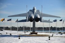 Snow covers Heritage Park after winter storm Helena at Joint Base Langley-Eustis, Va., Jan. 10, 2017. Due to the storm, JBLE operated with only mission essential duties and personnel Jan. 7 - 9. (U.S. Air Force photo by Airman 1st Class Tristan Biese) 