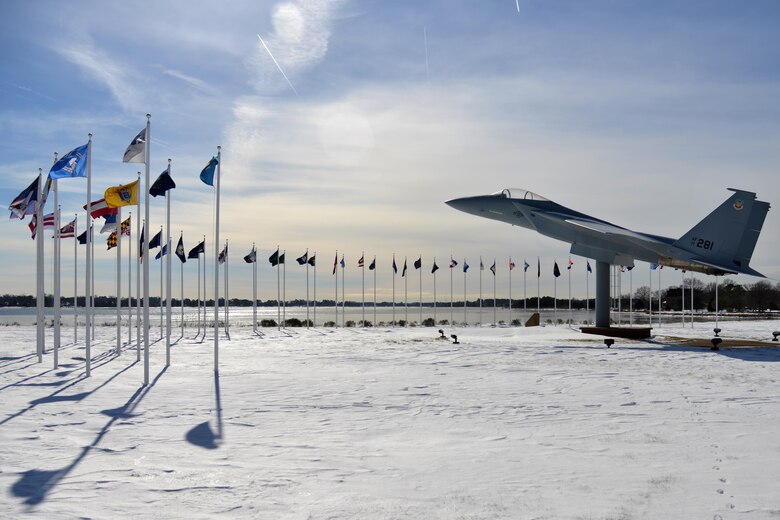 Snow encompasses Heritage Park after winter storm Helena at Joint Base Langley-Eustis, Va., Jan. 10, 2017. Thanks to the snow team’s fast response, roads were cleared and the base was operational for all personnel on Jan. 10. (U.S. Air Force photo by Airman 1st Class Tristan Biese)