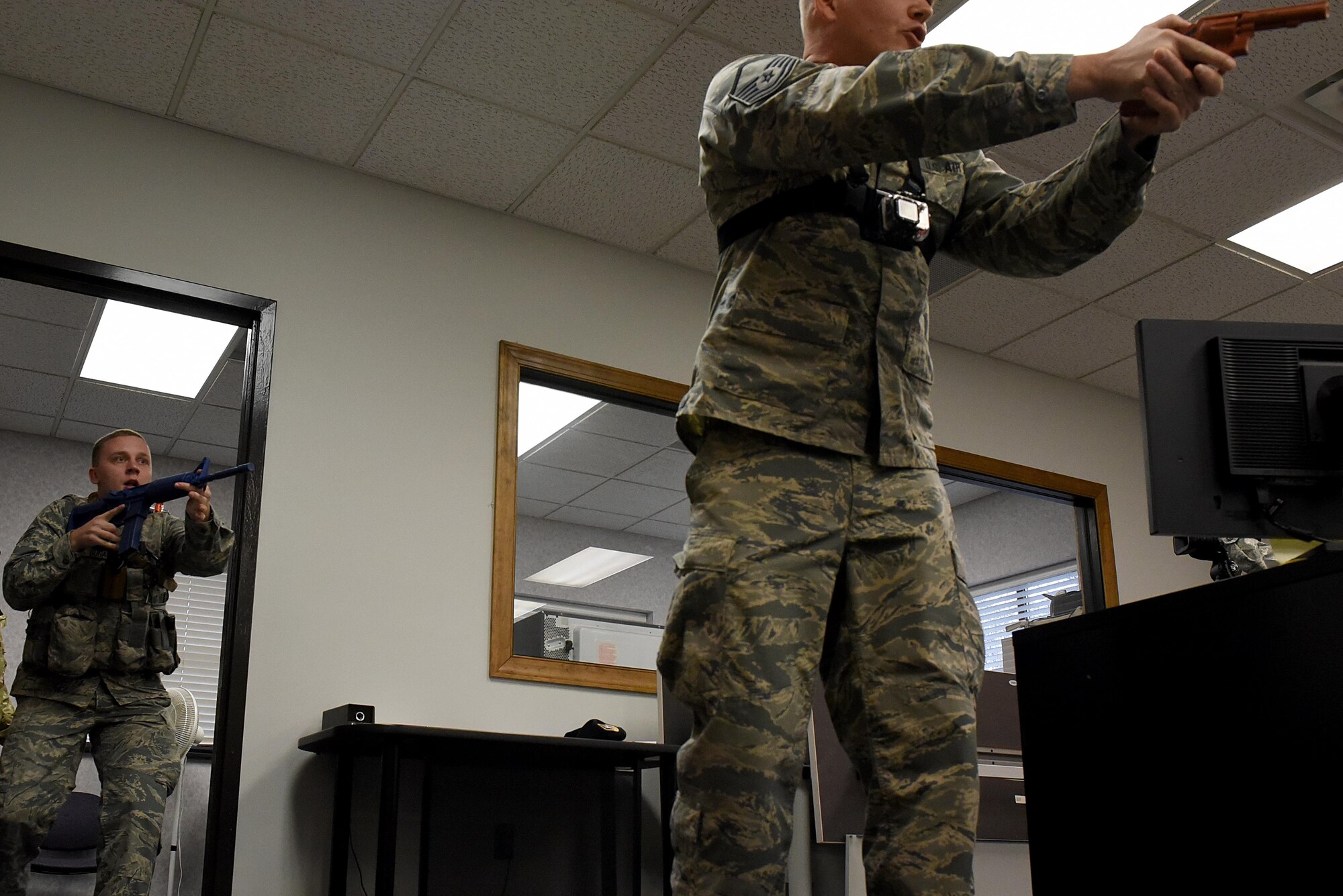 Senior Airman James Bugaj, 4th Security Forces Squadron patrolman, responds to an “active shooter” situation during a planned exercise, Jan. 11, 2017, at Seymour Johnson Air Force Base, North Carolina. Defenders of the 4th SFS immediately followed established procedures to respond to and neutralize the simulated threat. (U.S. Air Force photo by Airman 1st Class Kenneth Boyton)
