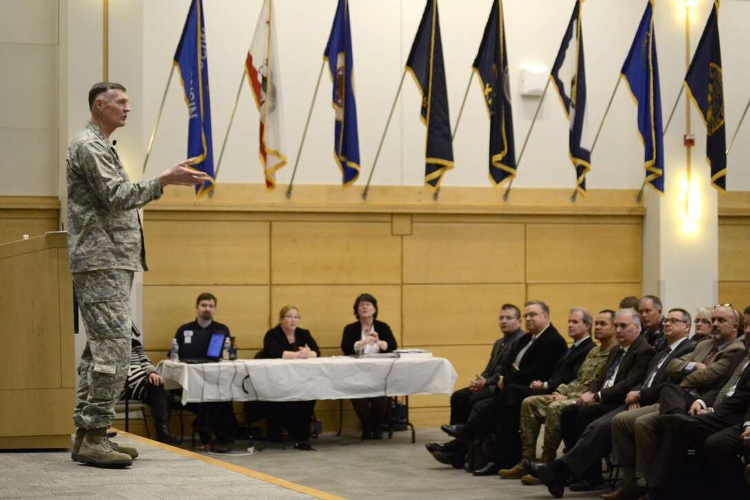 DLA Director Air Force Lt. Gen. Andy Busch address the DLA Troop Support workforce during a town hall in Philadelphia Jan. 5.  “You’re doing great work, but there’s things we need to do differently going forward,” Busch told employees. 