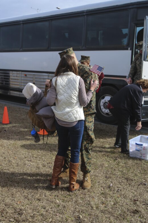 Sgt. Brent Lefever drops his bags to embraces a loved one during a homecoming at Camp Lejeune, N.C., Jan. 10, 2017. Lefever is returning from a nine-month deployment with Special Purpose Marine Air-Ground Task Force Crisis Response-Africa; a rotation in place to protect U.S. personnel, property and interests in Europe and Africa. Lefever is a field radio operator with Combat Logistic Battalion 2. (U.S. Marine Corps photo by Lance Cpl. Miranda Faughn)