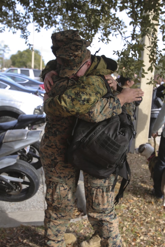 Marine buddies hug each other after returning from a nine-month deployment with Special Purpose Marine Air-Ground Task Force Crisis Response-Africa at Camp Lejeune, N.C., Jan. 10, 2017. The SPMAGTF-CR-AF mission is to protect U.S. personnel, property and interests in Europe and Africa. The Marines and Sailors returning are with Combat Logistics Battalion 2. (U.S. Marine Corps photo by Lance Cpl. Miranda Faughn)