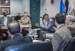 DLA Land and Maritime Commander, Navy Rear Adm. Michelle Skubic (second from left) welcomed Columbus, Ohio Mayor Andrew Ginther (third from left) to Defense Supply Center Columbus for a familiarization visit and tour Jan. 10. Also pictured is Milton Lewis, Land and Maritime's acquisition executive (far left), and James McClaugherty, Land and Maritime deputy commander (far right).