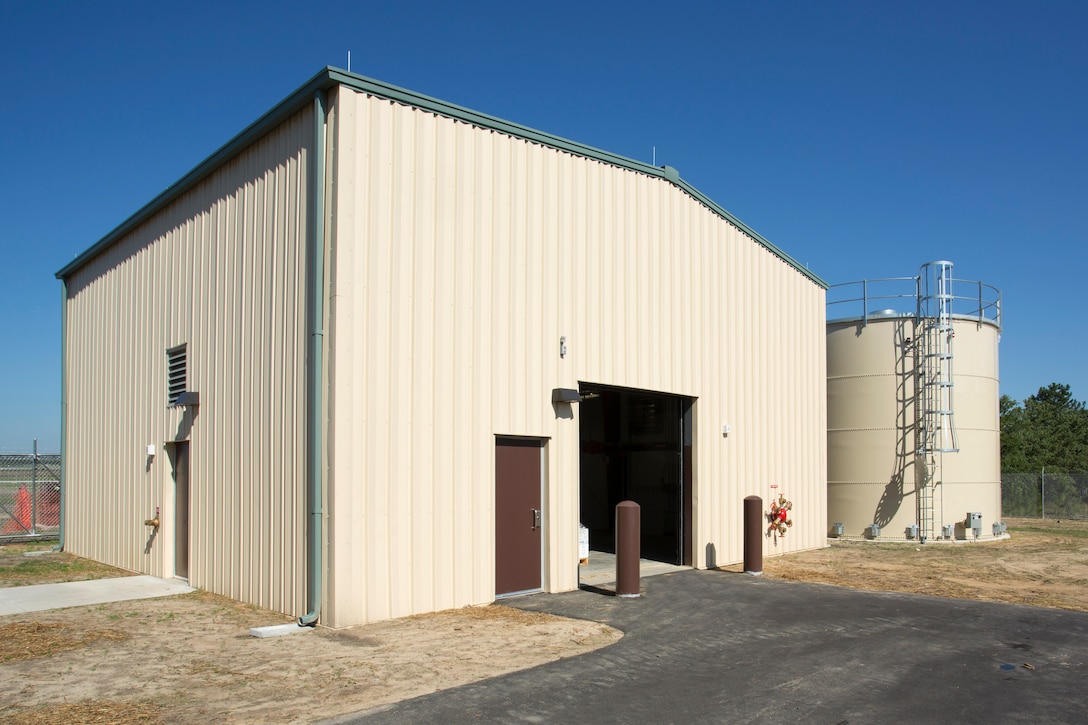 Pictured is a supporting facility for the newly unveiled Unmanned Aerial Systems hangar constructed at Camp Mackall near Fort Bragg, North Carolina. The facility, built by Caddell Construction, won the state and national-level Associated Builders and Constractors, Inc. Excellence in Construction Competition in December 2016. It also received state-level honors from the Associated General Contractors of America.