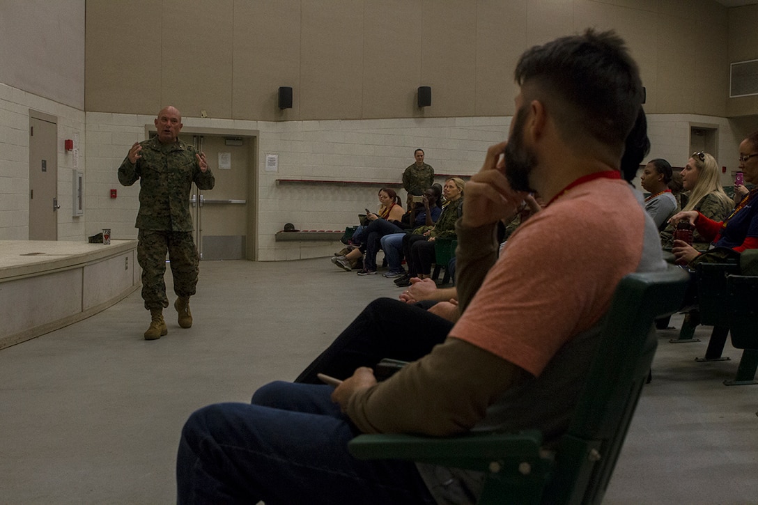 Brigadier General Austin E. Renforth, commanding general of Eastern Recruiting Region, Marine Corps Recruit Depot Parris Island, speaks with educators from the Orlando and Fort Lauderdale areas aboard Marine Corps Recruit Depot Parris Island, South Carolina, January 11, 2017. The educators come from both Recruiting Station Fort Lauderdale and Recruiting Station Orlando to experience what is called the Educators Workshop. The Educators Workshop provides the opportunity for educators to have an inside look at Marine Corps training to better inform their students in their local area. (Photo by Cpl. John-Paul Imbody/Released)